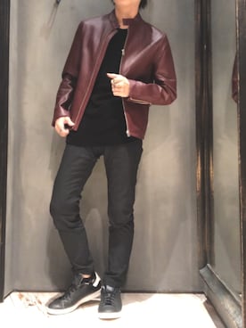 「アイテム（ライダースジャケット、レッド系）」を使った、隼さん（メンズ・160cm）の冬コーディネート