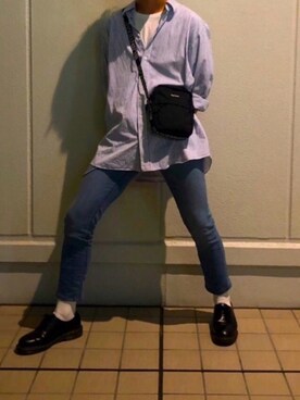 「古着のアイテム（シャツ/ブラウス、ブルー系）」を使った、牛若丸さん（メンズ・176cm）の秋コーディネート