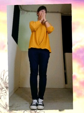 「しまむら（シマムラ）のアイテム（ニット/セーター、イエロー系）」を使った、E-R!さん（レディース・162cm）の秋コーディネート