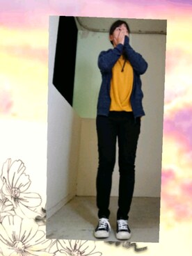 「しまむら（シマムラ）のアイテム（ニット/セーター、イエロー系）」を使った、E-R!さん（レディース・162cm）の秋コーディネート