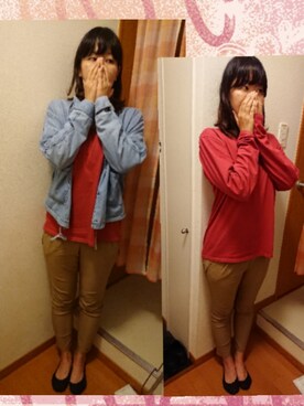 「UNIQLO（ユニクロ）のアイテム（Tシャツ/カットソー、レッド系）」を使った、E-R!さん（レディース・162cm）の冬コーディネート