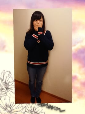 「GU（ジーユー）のアイテム（ニット/セーター、ブルー系）」を使った、E-R!さん（レディース・162cm）の冬コーディネート