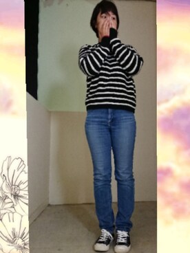 「UNIQLO（ユニクロ）のアイテム（デニムパンツ、ブルー系）」を使った、E-R!さん（レディース・162cm）の冬コーディネート