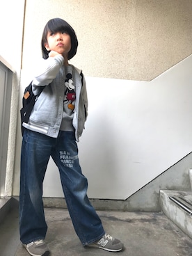 「GU（ジーユー）のアイテム（パーカー、グレー系）」を使った、haruhiko.toukoさん（キッズ）の冬コーディネート
