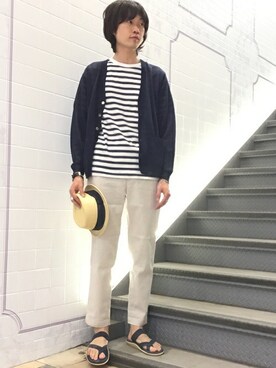 「アイテム（サンダル、ブルー系）」を使った、西村さん（メンズ・175cm）の春コーディネート