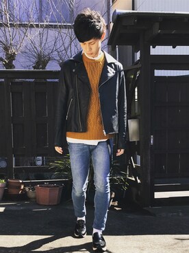 「マスタード」｜「アイテム（ライダースジャケット）」を使った、shuntaさん（メンズ・173cm）の冬コーディネート