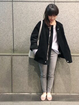 「UNIF（ユニフ）のアイテム（ノーカラージャケット）」を使った、杏さん（レディース・158cm）の冬コーディネート