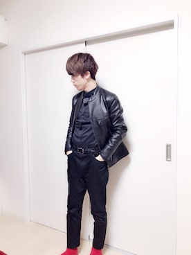 「ZIP FIVE（ジップファイブ）のアイテム（ライダースジャケット）」を使った、SHINYAさん（メンズ・176cm）の冬コーディネート