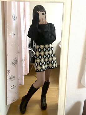 「N WITH.（エヌウィズ）のシャーリングボリュームスリーブトップス（スウェット、ブラック系）」を使った、ほのちゃ‪‪ん🧸♥️さん（レディース・165cm）の秋コーディネート