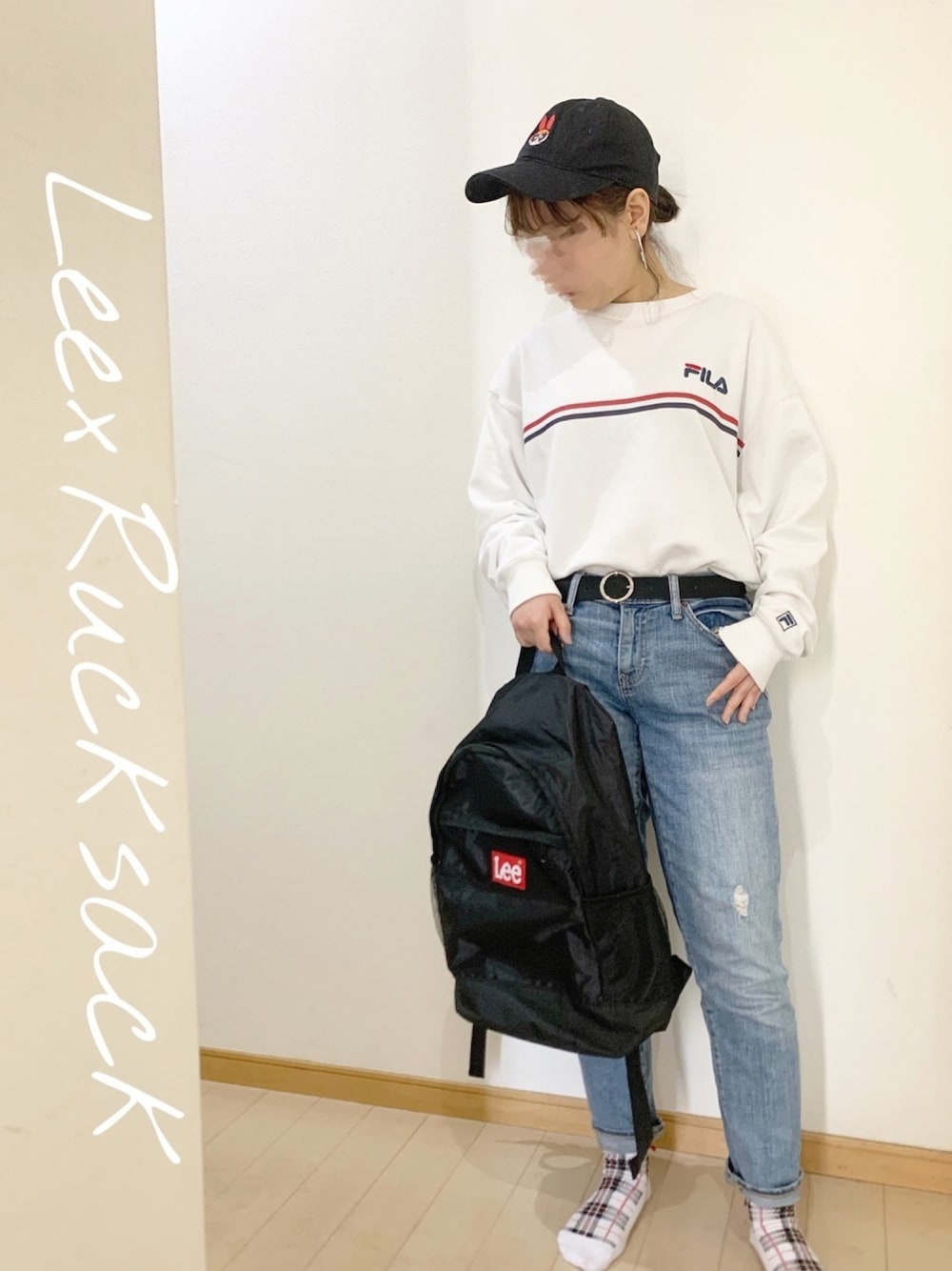 「カジュアル、高校生、プチプラコーデ、低身長、キャップ女子、FILA、デニムパンツ、春コーデ、リュック、LEE」｜「FILAのアイテム（スウェット、ホワイト系）」を使った、honeyちゃん🍯さん（レディース・152cm）の春コーディネートの1枚目の写真
