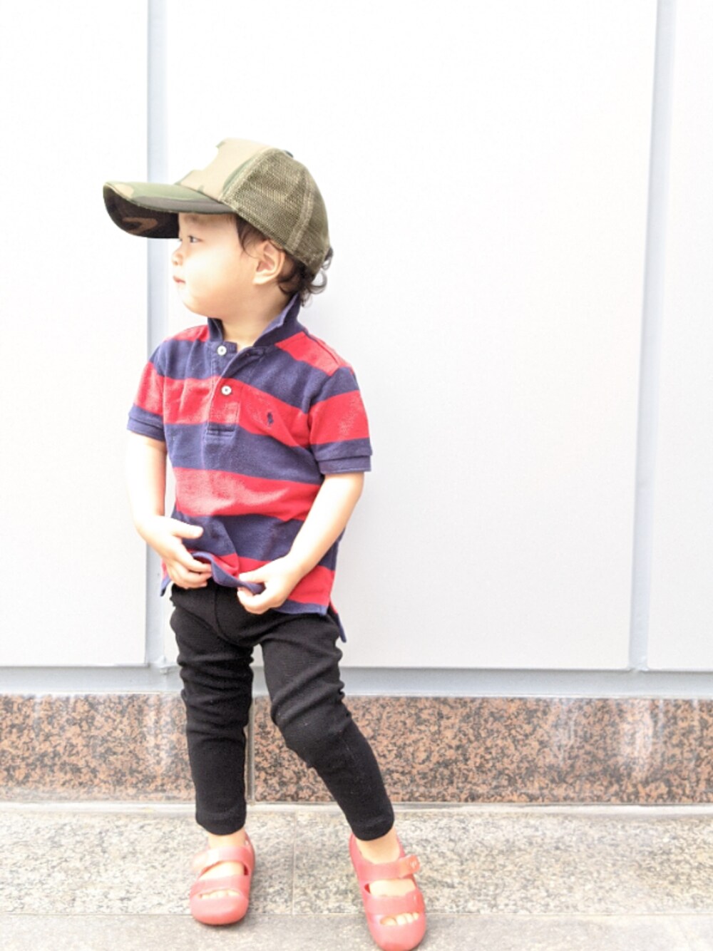 「THE NORTH FACEのTHE NORTH FACE/キッズロゴメッシュキャップ（キャップ、その他）」を使った、json115さん（キッズ・100cm）の夏コーディネートの1枚目の写真