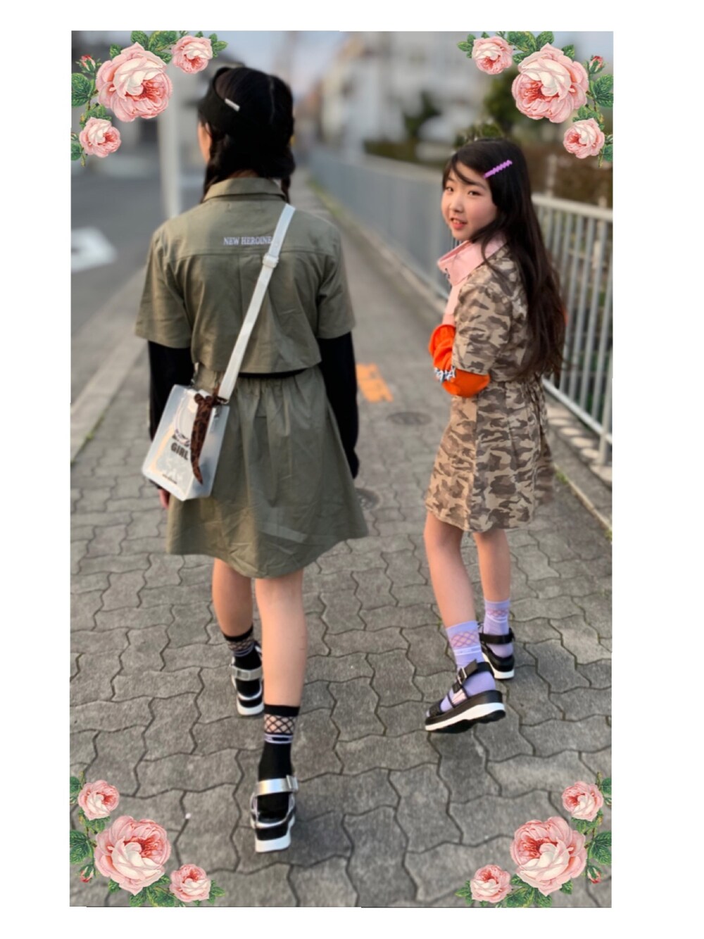 「キッズファッション、姉妹コーデ、リンクコーデ、ZIDDY、ziddyコーデ、ziddygirl」｜「ZIDDYのZIDDY/ストレッチツイル背中開きワンピース（ワンピース、グリーン系）」を使った、RINKA&REIさん（キッズ・153cm）の春コーディネートの1枚目の写真