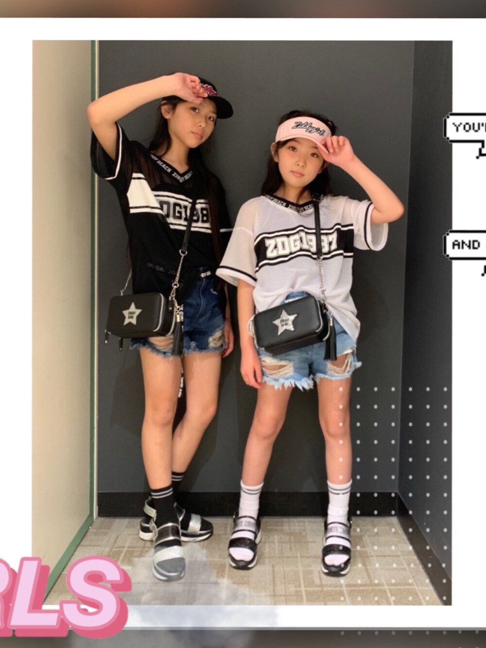 「ZIDDY、ziddyコーデ、ziddygirl、ziddy水着、ziddy水着コーデ、姉妹リンク、姉妹イロチコーデ」｜「ZIDDYのZIDDY/メッシュTシャツスイムウェア4点セット（スイムグッズ、ブラック系）」を使った、RINKA&REIさん（キッズ・155cm）の夏コーディネートの1枚目の写真