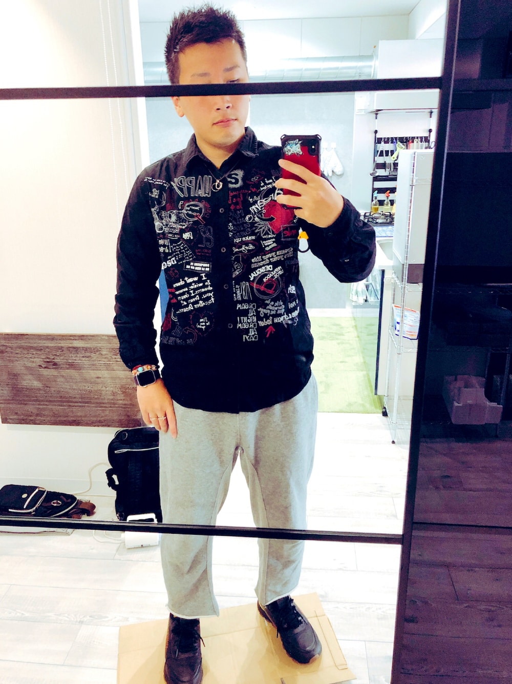 「休日スタイル、おしゃれさんと繋がりたい、個性派、冷房対策、柄シャツ、デシグアル(Desigual)、PUMA、aditional、かき氷、黒」｜「Desigualの6年ほど前のモデルです（シャツ/ブラウス、ブラック系）」を使った、finks09さん（メンズ・170cm）の夏コーディネートの1枚目の写真