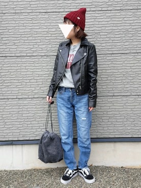 「one after another NICE CLAUP（ワンアフターアナザーナイスクラップ）のアイテム（ライダースジャケット）」を使った、yuuさん（レディース・160cm）の秋コーディネート