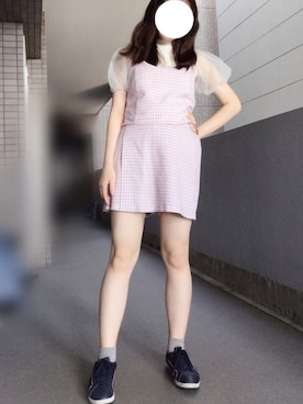 「GU（ジーユー）のアイテム（その他トップス、ピンク系）」を使った、mayukoさん（レディース・161cm）の夏コーディネート