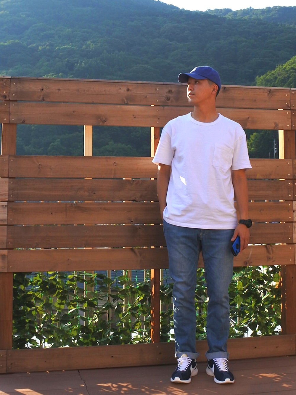 「Polo Ralph Lauren、goodwear、G-SHOCK、ROOT CO、BEAMS、GRAMICCI、NIKE、ポケットＴシャツ、白Tシャツ、シンプル」｜「POLO RALPH LAURENのアイテム（キャップ、ブルー系）」を使った、IKEさん（メンズ・178cm）の夏コーディネートの1枚目の写真