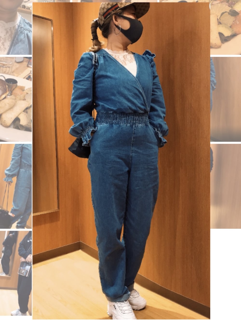 「大人コーデ、カジュアルコーデ、お洒落さんとつながりたい、大人カジュアル、デニムコーデ、GUCCI、FILAスニーカー」｜「Bershkaのアイテム（つなぎ/オールインワン、ブルー系）」を使った、JIMINlEさん（レディース・156cm）の春コーディネートの1枚目の写真