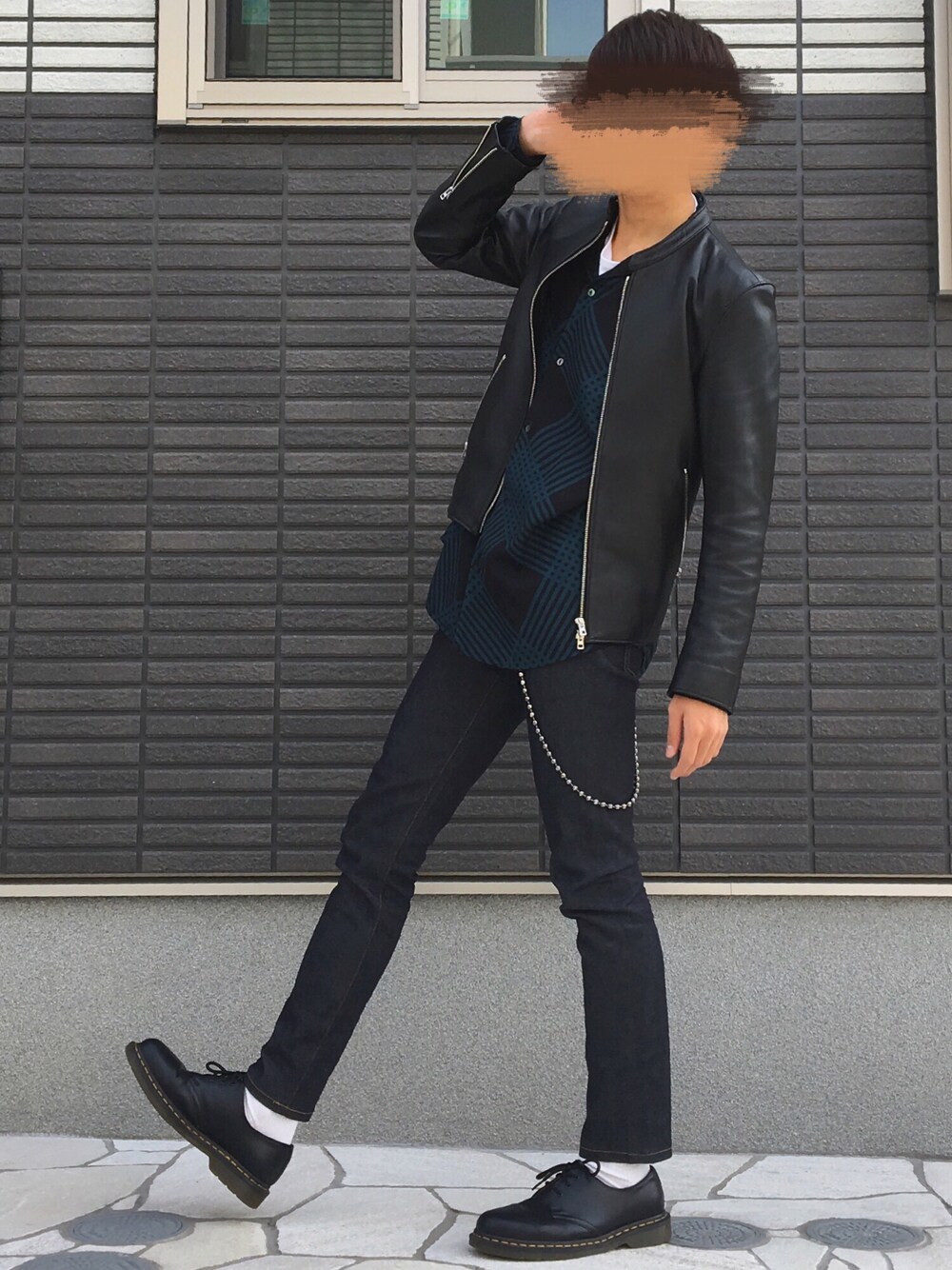 「キレイめ、JOHN LAWRENCE SULLIVAN、SHAREEF、チェック、シャツスタイル、LAD MUSICIAN、今日のコーデ、革靴、シングルライダース、ウォレットチェーン」｜「LIDNMのLIDnM / リドム -18SS-ラムレザーシングルライダース（ライダースジャケット、ブラック系）」を使った、takumi さん（メンズ・174cm）の秋コーディネートの1枚目の写真