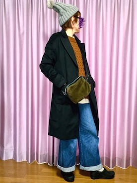 「ニットキャップ」｜「アイテム（チェスターコート）」を使った、ike mieさん（レディース・158cm）の冬コーディネート