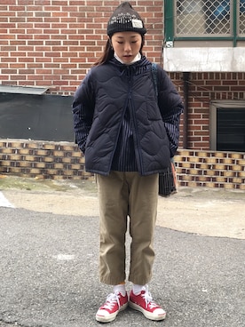「KAPITAL」｜「アイテム（ダウンジャケット/コート）」を使った、NANAさん（レディース・154cm）の冬コーディネート