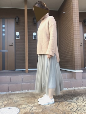 「GU（ジーユー）のアイテム（Knitwear、ベージュ系）」を使った、eee333iiiさん（レディース・159cm）の冬コーディネート