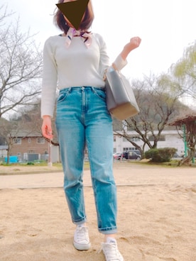「GU（ジーユー）のアイテム（Denim pants、ブルー系）」を使った、eee333iiiさん（レディース・159cm）の春コーディネート