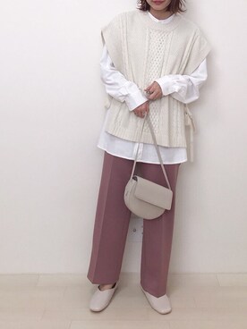 「くすみピンク」｜「アイテム（スラックス）」を使った、rumiさん（レディース・162cm）の冬コーディネート