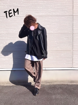 「SPINNS（スピンズ）のアイテム（ライダースジャケット）」を使った、てむまろ.さん（メンズ・174cm）の冬コーディネート