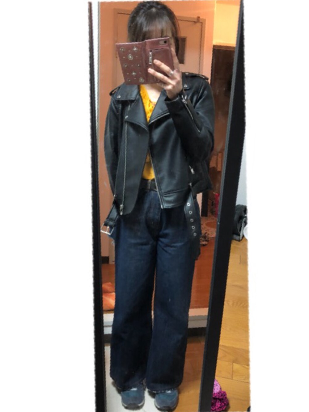 「ドラフトエヴリス」｜「ZARAのアイテム（ライダースジャケット、ブラック系）」を使った、まおまおさん（レディース・162cm）の春コーディネートの1枚目の写真