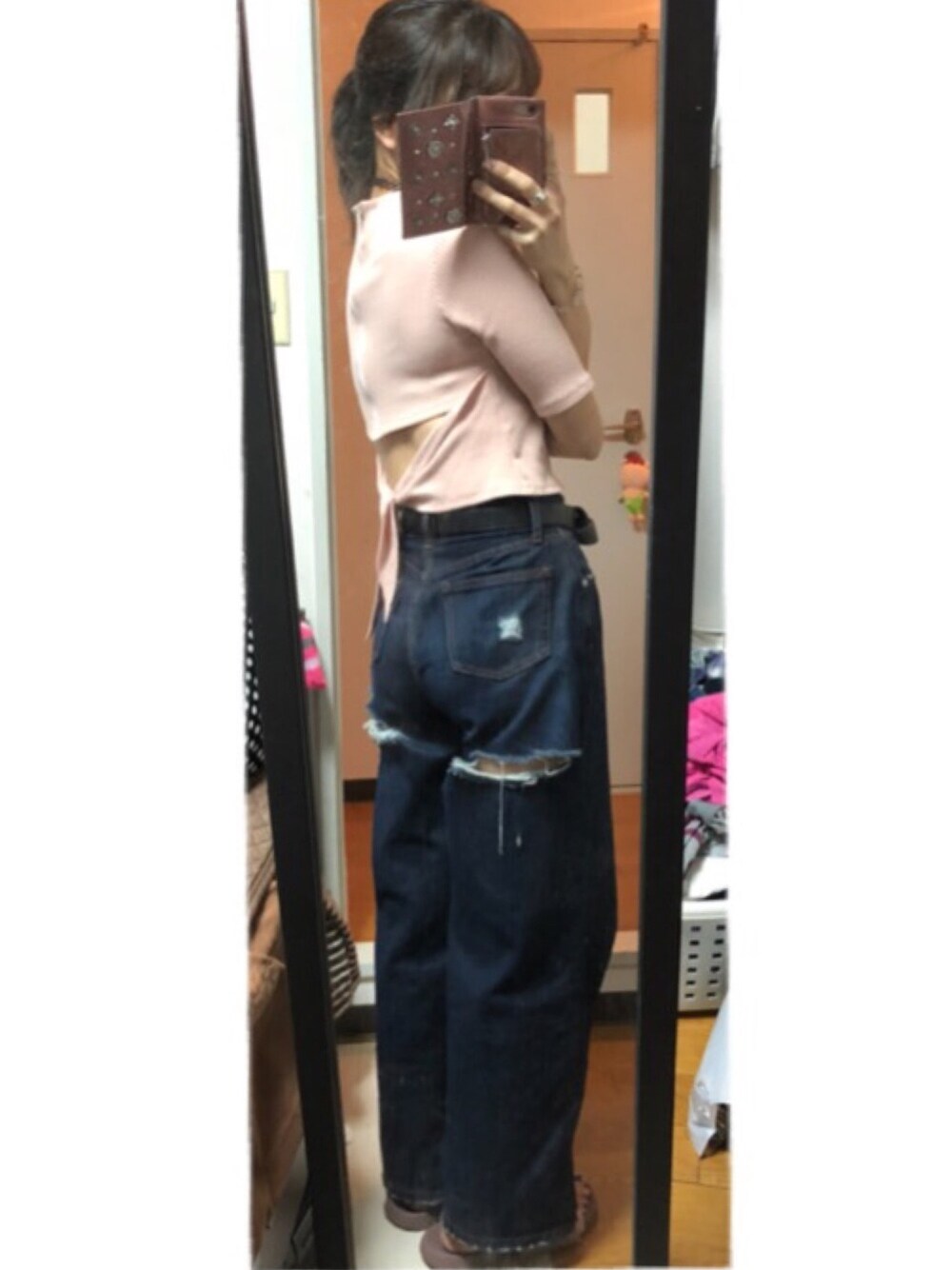 「ドラフトエヴリス」｜「EVRISのＢＡＣＫスラッシュワイドデニムパンツ（デニムパンツ、ブルー系）」を使った、まおまおさん（レディース・162cm）の夏コーディネートの1枚目の写真