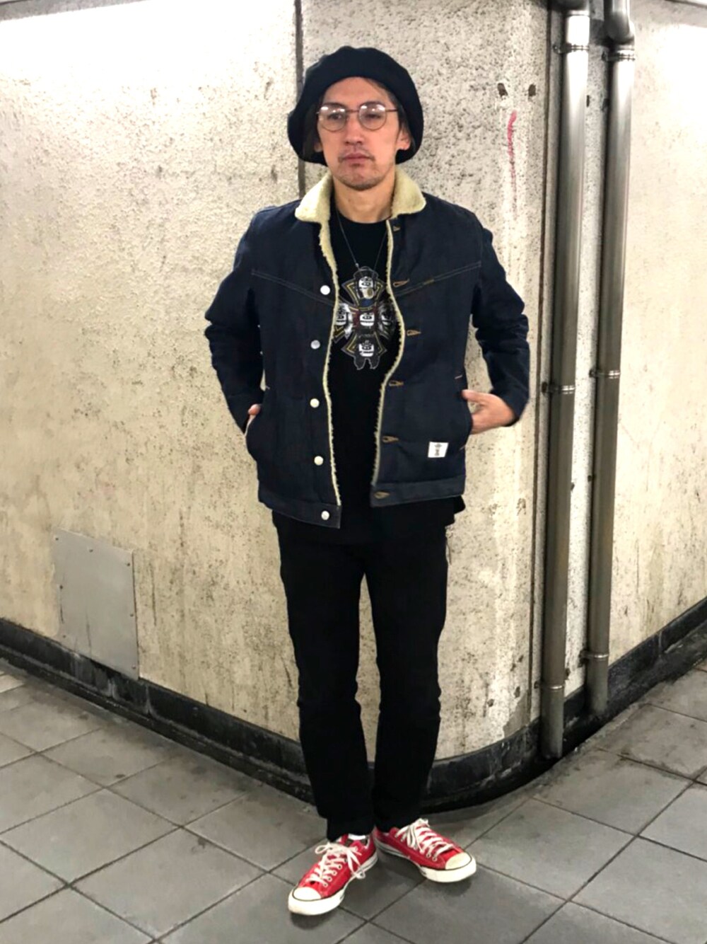 「corefighterco.、corefighter、BEDWIN、BEDWIN & THE HEARTBREAKERS、kizm、HORDEN、GDC、converse」｜「HORDENのアイテム（ハンチング/ベレー帽、ブラック系）」を使った、yo-1さん（メンズ・176cm）の冬コーディネートの1枚目の写真