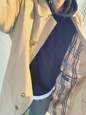 「バーバリー」｜「アイテム（ステンカラーコート）」を使った、ぽさん（メンズ・171cm）の春コーディネート
