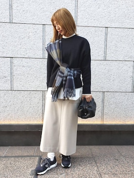 「Joshua Ellis（ジョシュアエリス）の一部別注＜Joshua Ellis（ジョシュア エリス）＞BLACKWATCH ストール†◆（ストール/ショール）」を使った、田中清佳　UNITED ARROWSさん（レディース・162cm）の秋コーディネート