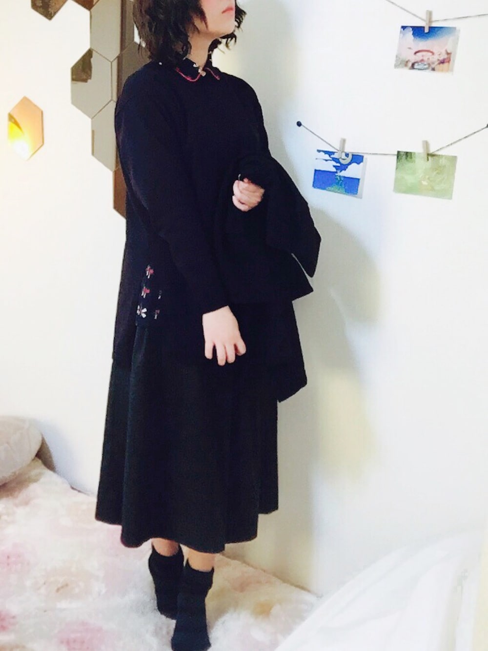 「大人カジュアル、シンプル、used mix、UNIQLO、柄シャツ、きれいめカジュアル、ロペピクニック」｜「usedのアイテム（シャツ/ブラウス、ブルー系）」を使った、H.O.N.Oさん（レディース・151cm）の冬コーディネートの1枚目の写真