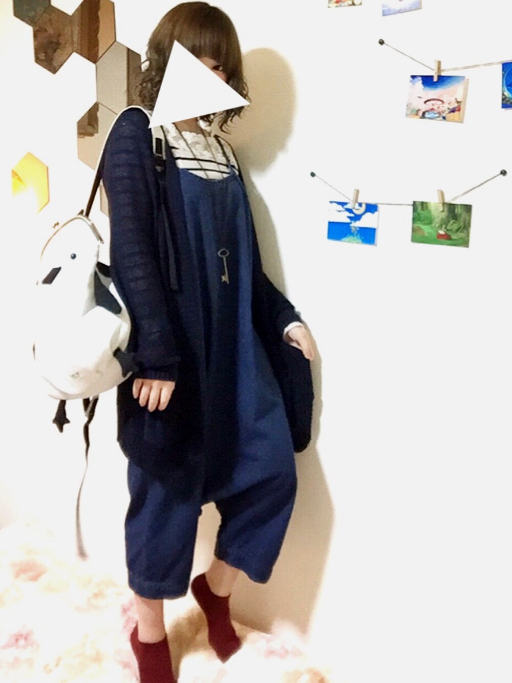 「はるコーデ、カジュアル、オーバーオール、サルエルパンツ、ハンドメイド、シンプル、プチプラ、春、ボーダートップス」｜「eeNeshopのアイテム（Tシャツ/カットソー、ホワイト系）」を使った、H.O.N.Oさん（レディース・151cm）の春コーディネートの1枚目の写真