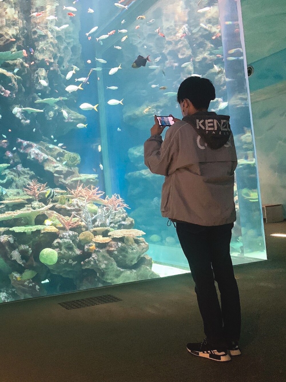 「シンプルコーデ、KENZO、OY、adidas、UNIQLO、水族館、ドライブ」｜「OYの『OY/オーワイ』U REFLECTIVE TRACK JACKET/リフレクティブ トラック ジャケット（ブルゾン、グレー系）」を使った、ハナタレぼーいさん（メンズ・175cm）の冬コーディネートの1枚目の写真