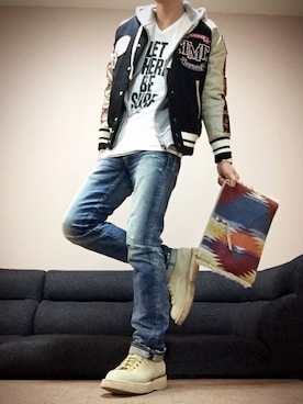 「ワークブーツ」｜「アイテム（スタジャン）」を使った、chan☆takuさん（メンズ・173cm）の冬コーディネート