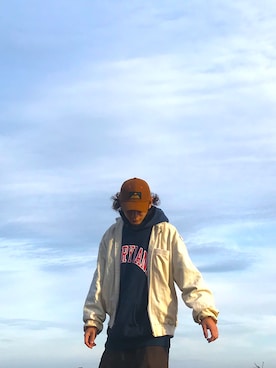 「Eddie Bauer（エディーバウアー）のアイテム（帽子）」を使った、はなかめさん（メンズ・177cm）の冬コーディネート