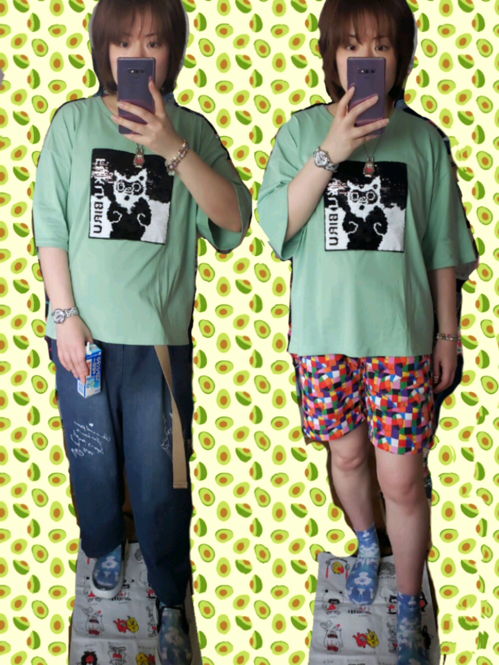 グリーン系のTシャツ/カットソー、その他のその他パンツ、ブルー系のデニムパンツを着用したレディースの夏コーディネートの1枚目の写真