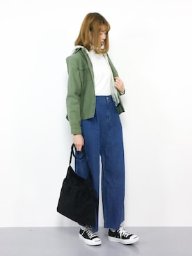 「リブニット」｜「アイテム（ミリタリージャケット）」を使った、miyaseさん（レディース・166cm）の冬コーディネート
