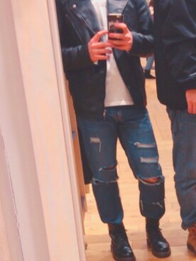 「SPINNS（スピンズ）のアイテム（ライダースジャケット）」を使った、kaitoさん（メンズ・166cm）の冬コーディネート