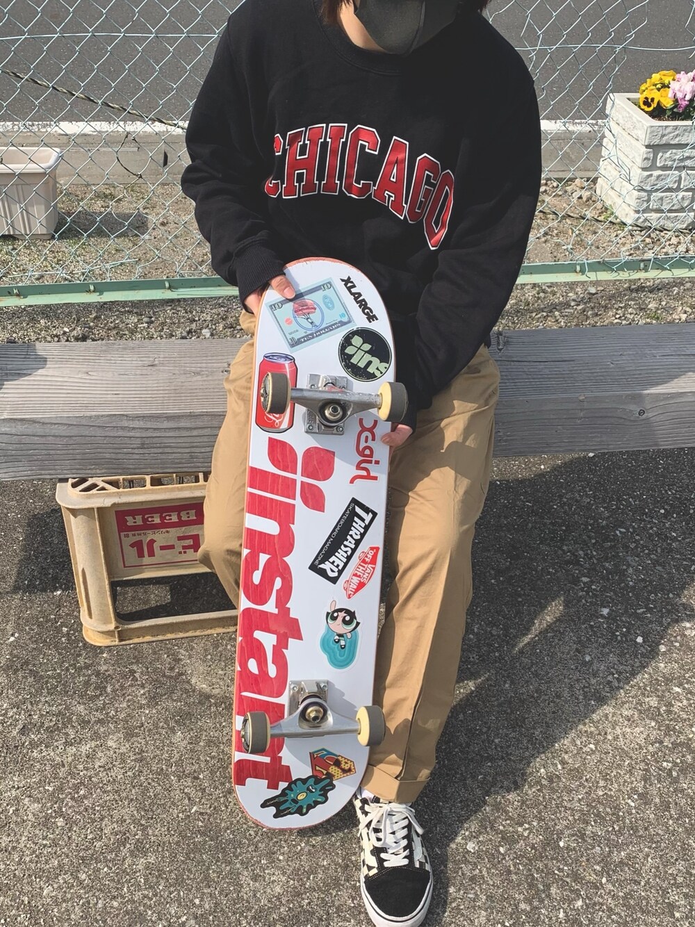 「スケボー、VANS、オールドスクール、チェッカー」｜「GUのアイテム（スウェット、ブラック系）」を使った、💡アン💡さん（レディース・155cm）の春コーディネートの1枚目の写真