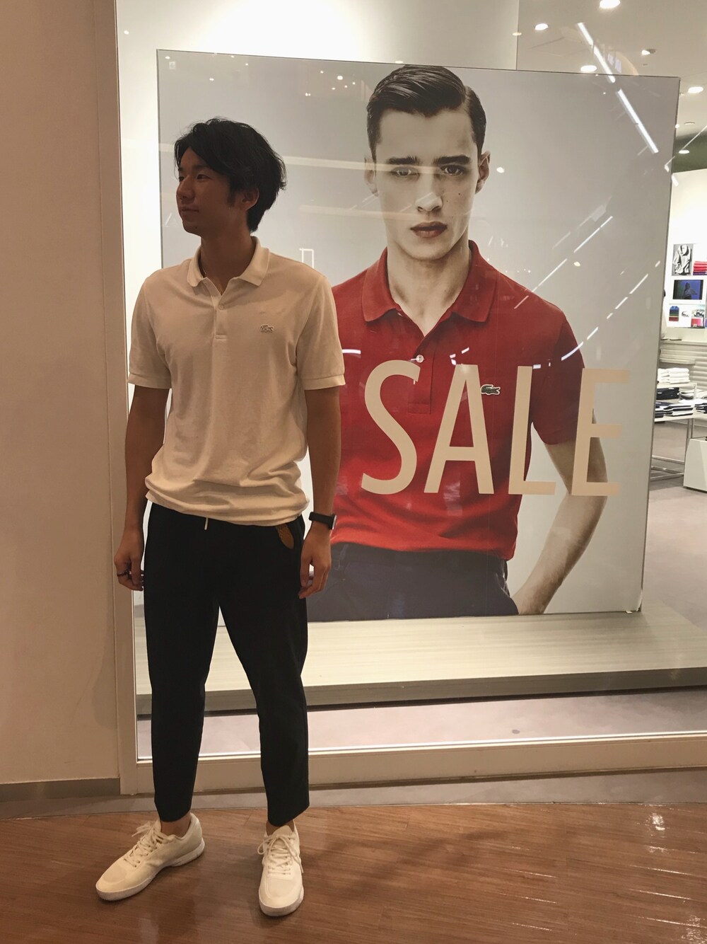 「カジュアルコーデ、LACOSTE、LACOSTEL!VE、きれいめカジュアル、ビッグシルエット、カジュアル、夏コーデ」｜「LACOSTE L!VEのドローストリング プチピケ ポロシャツ (半袖)（ポロシャツ、ホワイト系）」を使った、SHO TONOさん（メンズ・184cm）の夏コーディネートの1枚目の写真