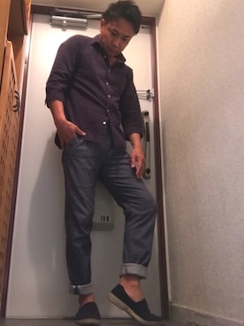 「ブルーコーデ」｜「アイテム（ライダースジャケット）」を使った、なべにぃさん（メンズ・166cm）の春コーディネート