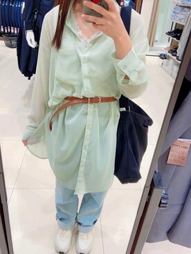 「UNIQLO（ユニクロ）のベルテッドプリーツジーンズ（丈標準70cm）（デニムパンツ）」を使った、suzugrbb7910さん（レディース・151cm）の夏コーディネート