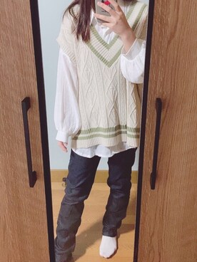 「kutir（クティール）のケーブル柄ニットベスト（ベスト、ホワイト系）」を使った、suzugrbb7910さん（レディース・151cm）の夏コーディネート