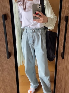 「UNIQLO（ユニクロ）のベルテッドプリーツジーンズ（丈標準70cm）（デニムパンツ）」を使った、suzugrbb7910さん（レディース・151cm）の夏コーディネート