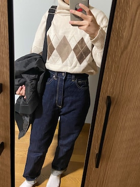 「GU（ジーユー）のハイウエストストレートジーンズ（パンツ、ブルー系）」を使った、suzugrbb7910さん（レディース・151cm）の秋コーディネート