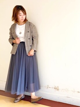 「Chez toi（シェトワ）の【人気スカートの新作】チュールボリュームギャザースカート（スカート、ブルー系）」を使った、たかぽんさん（レディース・163cm）の夏コーディネート